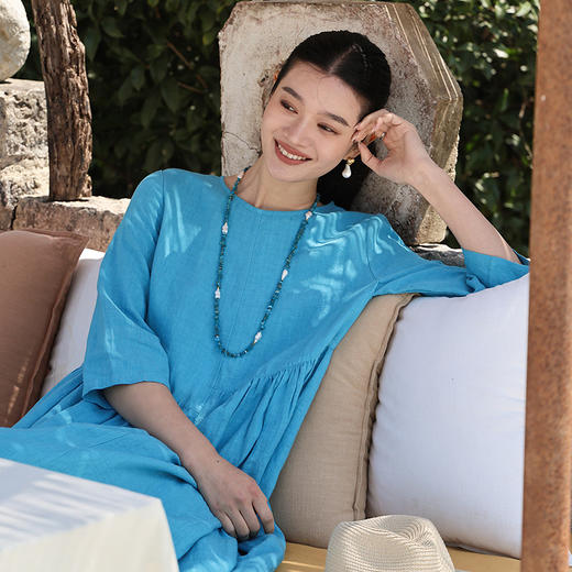 绽放旅行女装265朵/定染砂洗亚麻错位抽褶透气舒适七八分袖连衣裙 商品图1