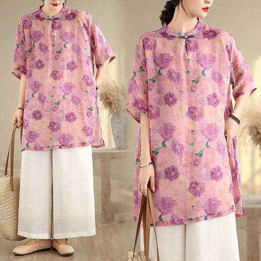 雀说 新中式立领盘扣印花苎麻衬衫B9819 商品图1