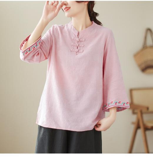 雀说新款复古提花棉麻盘扣七分袖衬衫女装衬衣上衣AL2870 商品图6