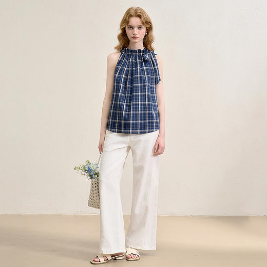 复古格纹绑带蝴蝶结挂脖衬衫女夏季俏皮可爱宽松衬衣V1050637 商品图1