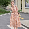 时尚气质V领系带收腰蝴蝶，印花天丝麻料中长款连衣裙HR-SNX3137 商品缩略图1