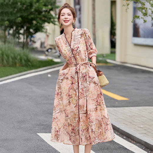 时尚气质V领系带收腰蝴蝶，印花天丝麻料中长款连衣裙HR-SNX3137 商品图1