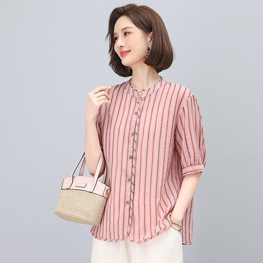 雀说条纹衬衫女短袖新款半开领文艺显瘦透气小衫薄款上衣AL5508 商品图6
