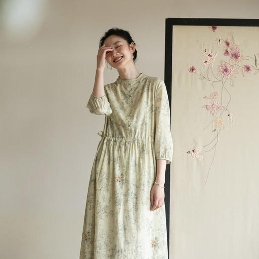牧衣游原创 印花纯棉连衣裙夏新款宽松抽绳显瘦文艺碎花裙 听风雨 商品图0