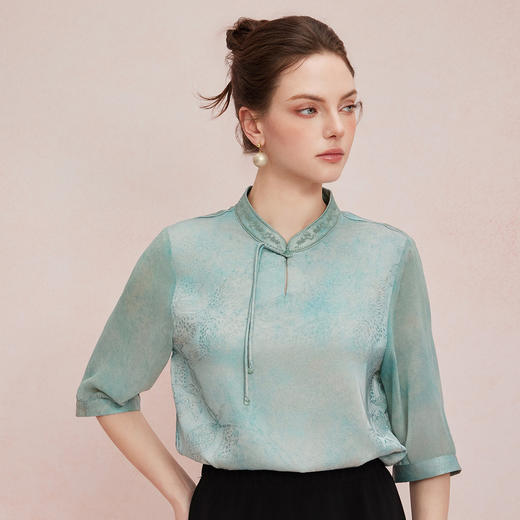 QF254斯尔丽25新款提花加水墨晕染工艺改良国风清凉薄纱袖宽松显瘦上衣 商品图4