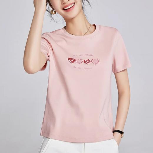 「自」全新升级【铂金会员109/天猫139/差价30】(02339)洛诗琳减龄短袖T恤2025夏季新款圆领爱心亮片刺绣设计感上衣02339 商品图0