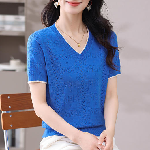 CC-103-97862   v领冰丝针织衫t恤女短袖夏季2025新款宽松薄款打底上衣 商品图2