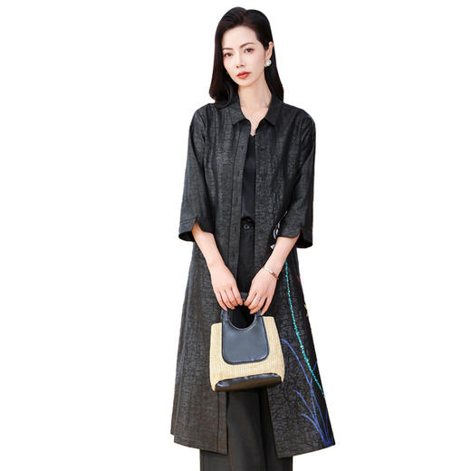 KQ-221933龟纹香云纱刺绣2025夏大码女装真丝休闲范宽松显瘦中长款衬衣裙 商品图4