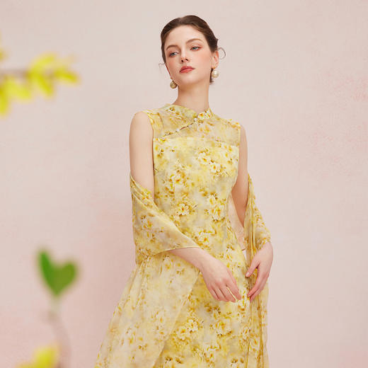 QF888斯尔丽2025新款法式浪漫轻奢印花改良旗袍薄纱多样穿搭披肩连衣裙 商品图7