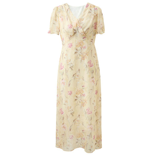 三彩2025夏季新款法式碎花裙剪花V领收腰A字裙泡泡袖长裙浪漫M 商品图4