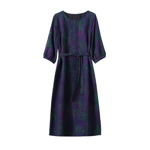 KQ-221951新款大码女装娟纺香云纱真丝印花连衣裙宽松大版系带桑蚕丝中长裙 商品图4