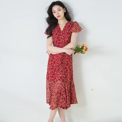 「高货sh」全新升级【铂金会员266/天猫359/差价93】(01859)洛诗琳夏季新款法式清新抽褶鱼尾碎花V领显瘦中长款连衣裙01859 商品图2