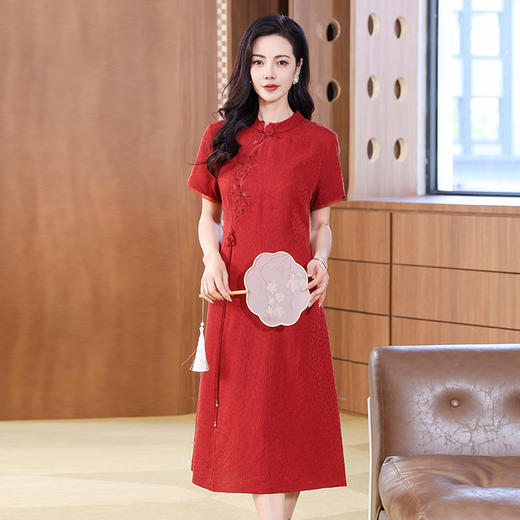KQ-221929冠乐绉香云纱改良高考旗袍连衣裙夏季婚宴红色裙子礼服 商品图1