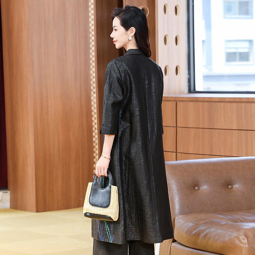 KQ-221933龟纹香云纱刺绣2025夏大码女装真丝休闲范宽松显瘦中长款衬衣裙 商品图3