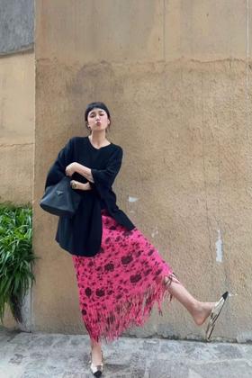 ANSUABEL 时髦款干枯玫瑰花褶皱流苏半裙 18393