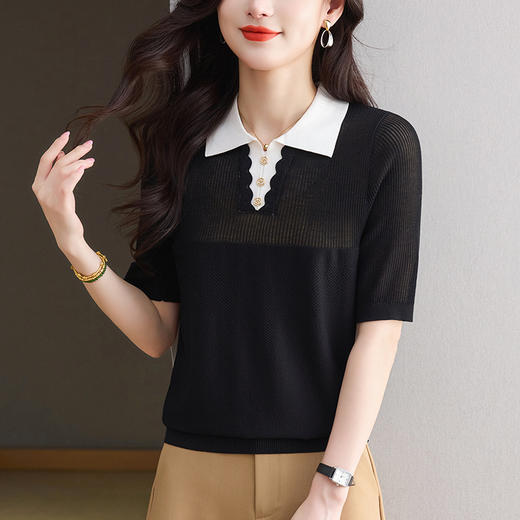 CC-翻领撞色上衣夏季气质轻奢漂亮小衫2025新款女士冰丝短袖t恤洋气 商品图3