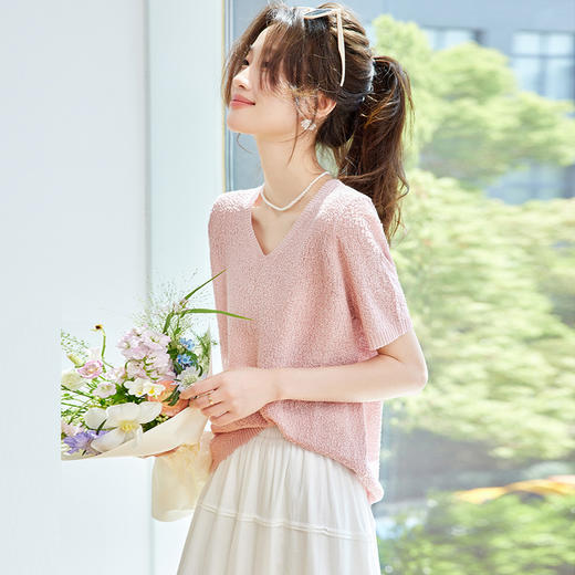 CC-SD7060   v领冰丝短袖t恤女夏季宽松配裙子港风针织衫正肩体恤上衣薄 商品图1