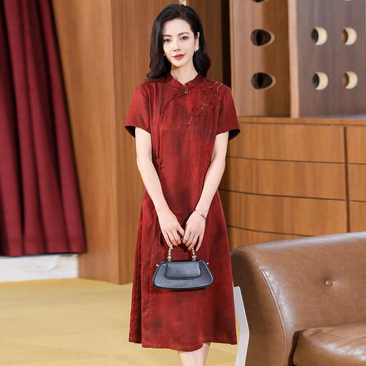 KQ-221912真丝香云纱连衣裙女丝绸立体刺绣改良旗袍礼服大码桑蚕丝 商品图0