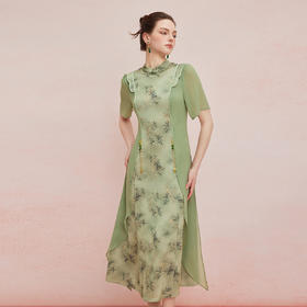 QF894斯尔丽25新款新国风改良旗袍水墨国画清雅气质精致配饰散摆连衣裙