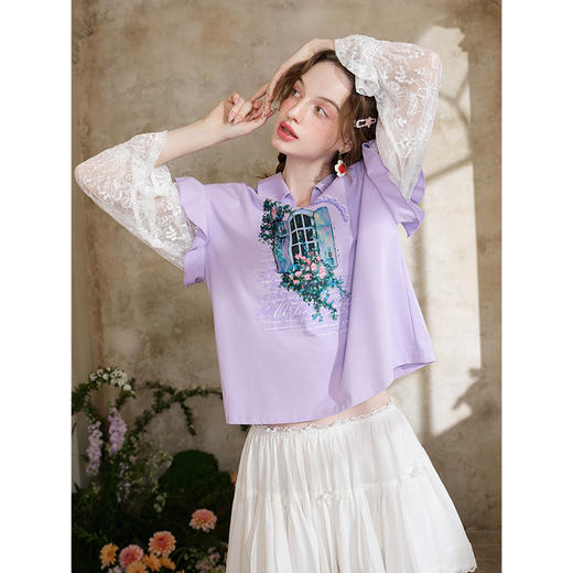 两三事琉璃紫苏2025夏新款小清新蕾丝拼接荷叶边假两件印花t恤女 商品图2