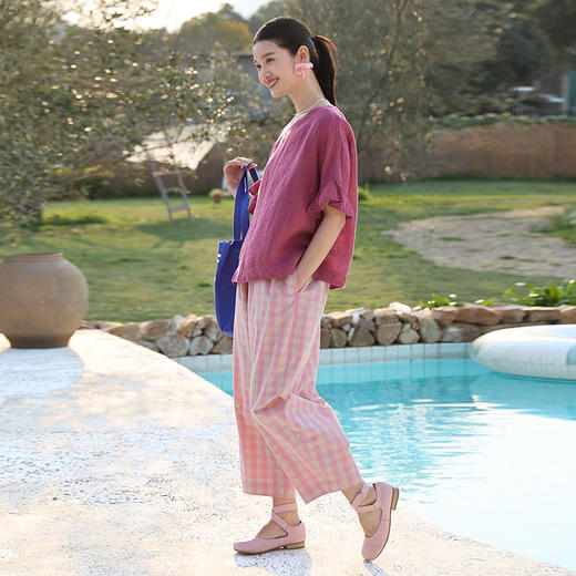 绽放旅行女装250朵/日本进口高密纱线色织格全腰松紧九分裤休闲裤 商品图1