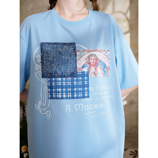 两三事 叠影画境 2025夏季新款小清新蕾丝拼接印花短袖t恤女宽松 商品图3