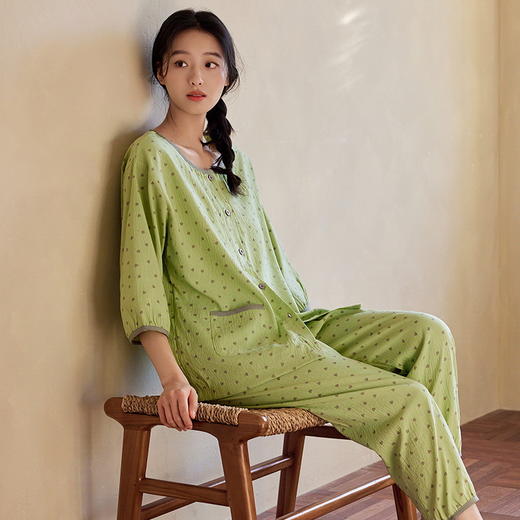 自然醒长歌（带胸垫）睡衣女夏季新款梭织云朵棉薄款夏天七分袖中年妈妈家居服QH 商品图6