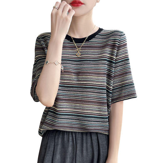 CC-XIX-179新款时尚洋气彩条短款女装夏季上衣冰丝针织短袖t恤女 商品图4