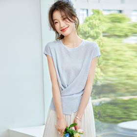 CC-SD7062冰丝短袖t恤女夏季2025新款修身交叉薄款针织衫别致上衣收腰小衫