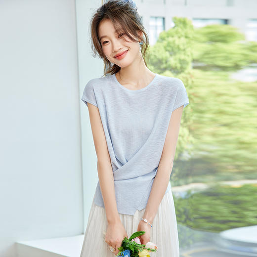 CC-SD7062冰丝短袖t恤女夏季2025新款修身交叉薄款针织衫别致上衣收腰小衫 商品图0