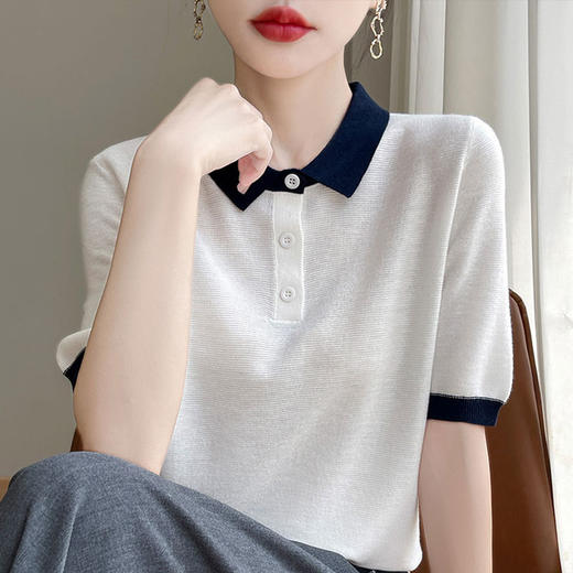 CC-XIX-194冰丝针织短袖t恤女2025新款时尚简约小翻领新款女装夏季上衣 商品图1