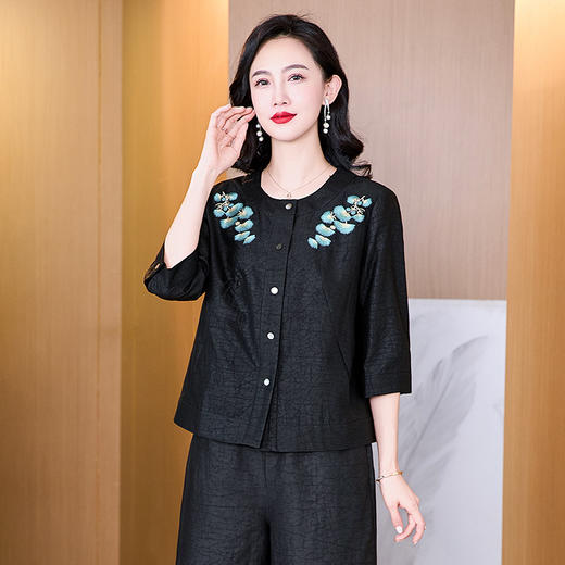 KQ-221971+221973香云纱新中式真丝上衣龟纹阔腿裤短款时尚桑蚕丝两件套装女 商品图3