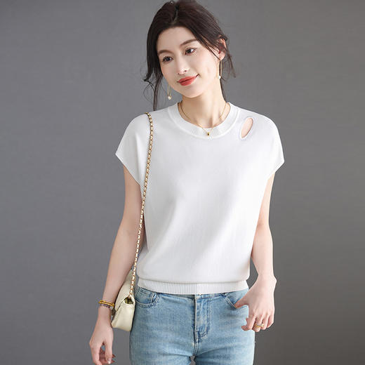 CC-LL-1648冰丝短袖t恤女士2025新款夏季洋气破洞宽松遮肚子显瘦上衣针织衫 商品图1