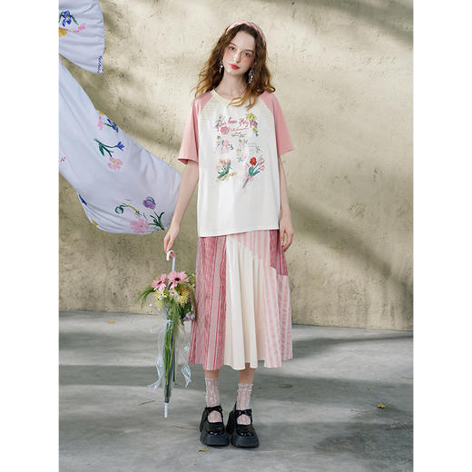 两三事 诗藤绮梦 2025夏季新款小清新格子条纹拼布a字半身裙长裙 商品图3