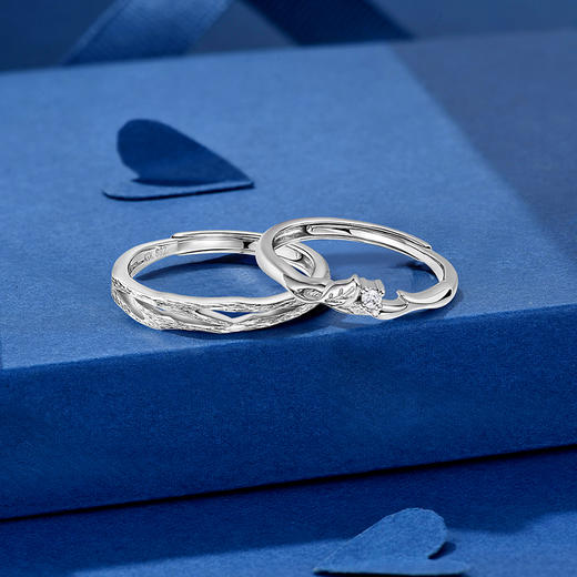 KADER卡蒂罗 连理枝情侣对戒 S999/S925纯银镶钻 开口可调节一对戒指 浪漫小众设计 礼物送女朋友 #礼盒款 商品图6