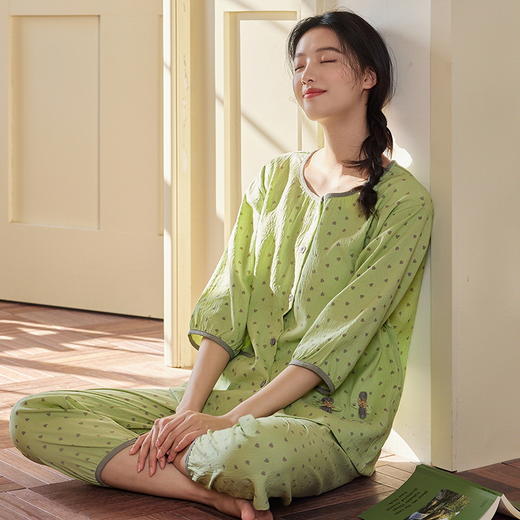 自然醒长歌（带胸垫）睡衣女夏季新款梭织云朵棉薄款夏天七分袖中年妈妈家居服QH 商品图11