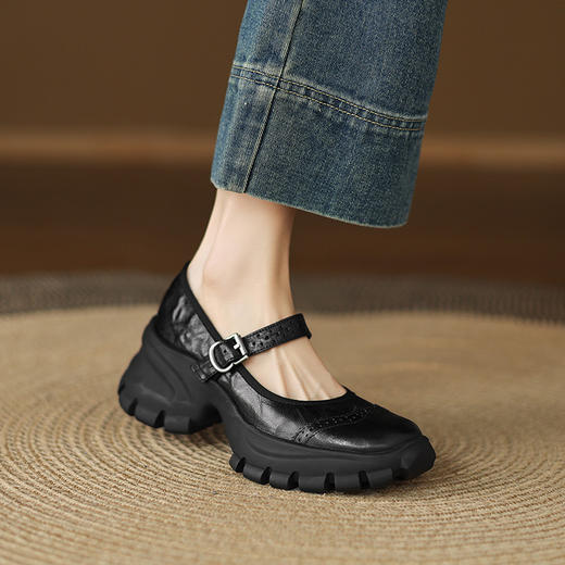 【预售5天】超舒适四季可穿羊皮版黑色厚底百搭玛丽珍女浅口圆头一字扣休闲单鞋MX&mx89726 商品图3