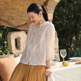 绽放旅行女装268朵/苎麻底绣花立领开襟七分袖衬衫温柔百搭开衫女