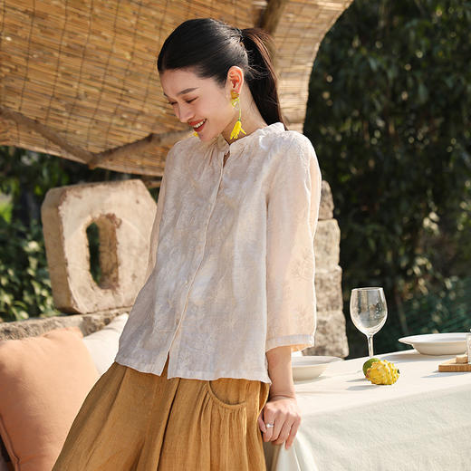 绽放旅行女装268朵/苎麻底绣花立领开襟七分袖衬衫温柔百搭开衫女 商品图0