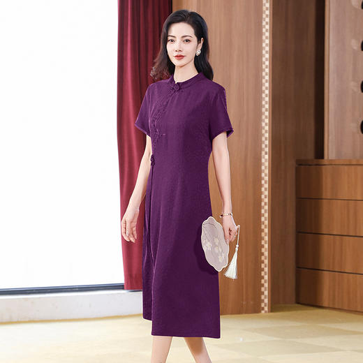 KQ-221929冠乐绉香云纱改良高考旗袍连衣裙夏季婚宴红色裙子礼服 商品图2