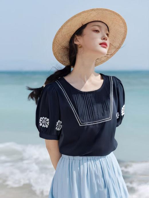 七夕福利-NO退~超美上衣~绣花波西米亚风刺绣复古压褶小衫-喜出 商品图0