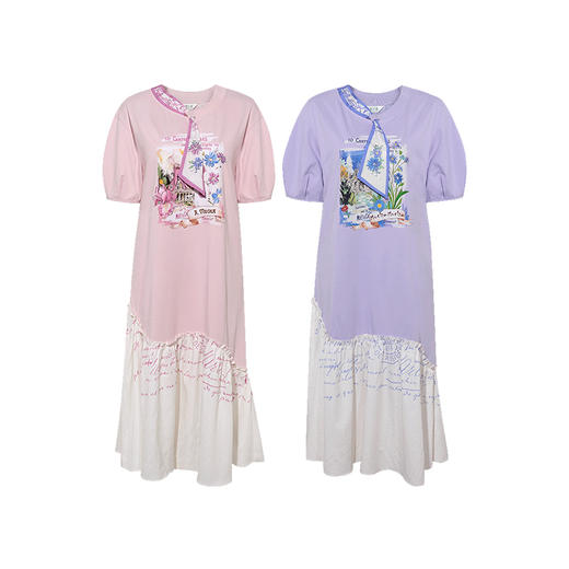 两三事 紫苑甜乡 2025夏季新款小清新领带印花t恤裙宽松连衣裙 商品图4