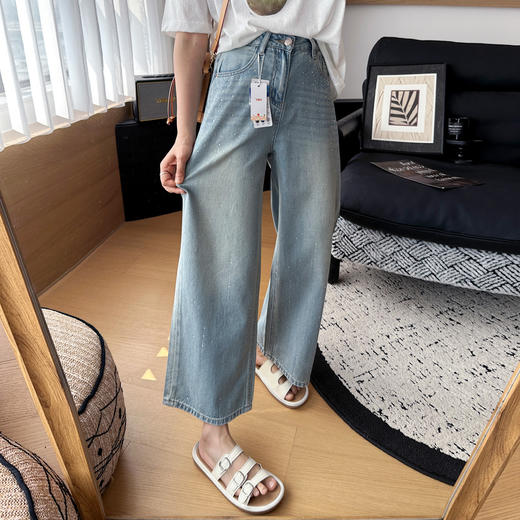 璀璨星河！2025夏日重工烫钻牛仔裤女凉感莱赛尔天丝九分薄款软阔腿裤！ 商品图2