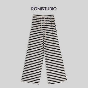 ROMI STUDIO系带休闲宽松百搭直筒黑白条纹长裤K2297