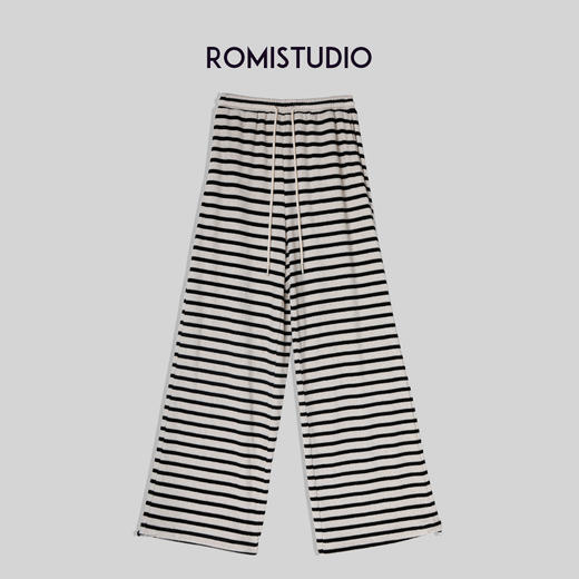 ROMI STUDIO系带休闲宽松百搭直筒黑白条纹长裤K2297 商品图0