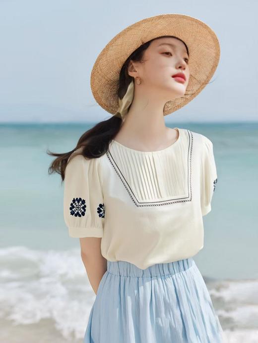 七夕福利-NO退~超美上衣~绣花波西米亚风刺绣复古压褶小衫-喜出 商品图1