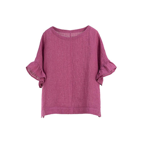绽放旅行女装222朵/荷叶小衫高支皱纹色织亚麻一字领荷叶袖T恤衫 商品图4