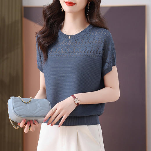 CC-103-7975时尚圆领薄款短袖t恤女2025新款夏季镂空显瘦冰丝针织上衣 商品图0