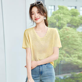 CC-SD7064    V领冰丝短袖t恤女夏季2025新款洋气内搭打底衫减龄薄款针织衫