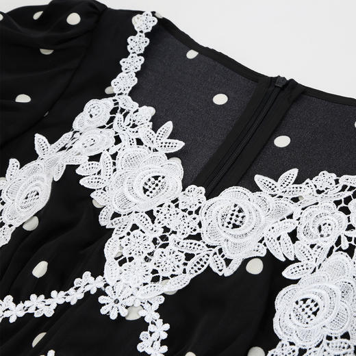 QF889斯尔丽25新款法式复古水溶蕾丝提亮高腰节小泡袖减龄波点连衣裙 商品图5